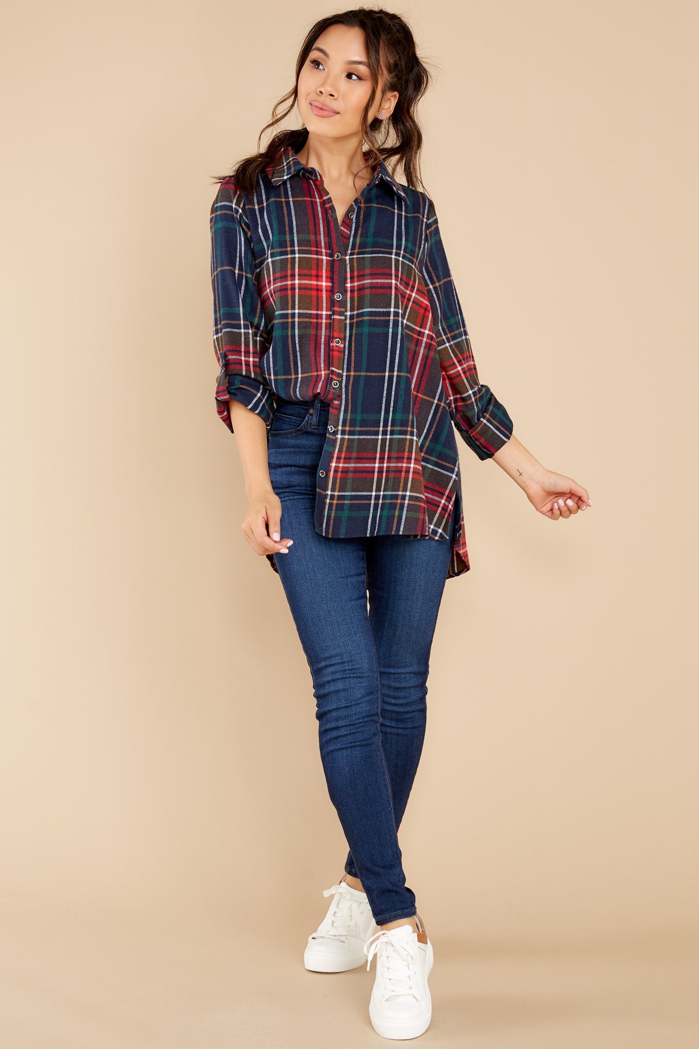 Just Like Home Navy Multi Plaid Top