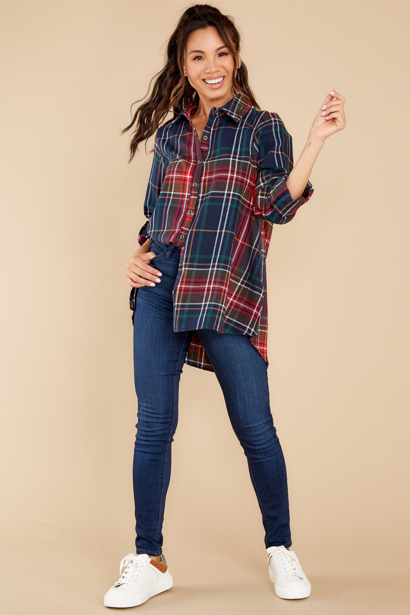 Just Like Home Navy Multi Plaid Top