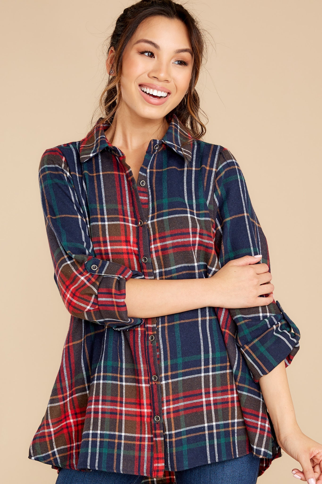 Just Like Home Navy Multi Plaid Top