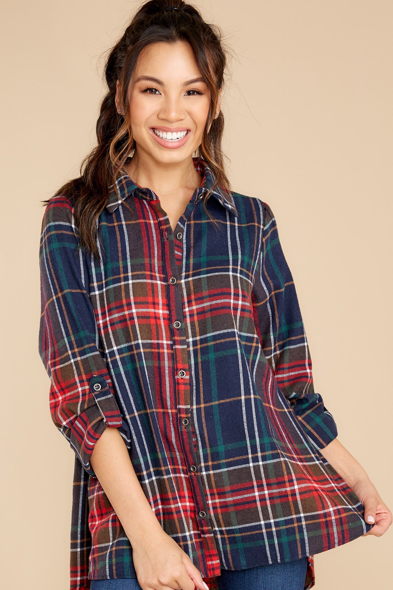 Just Like Home Navy Multi Plaid Top