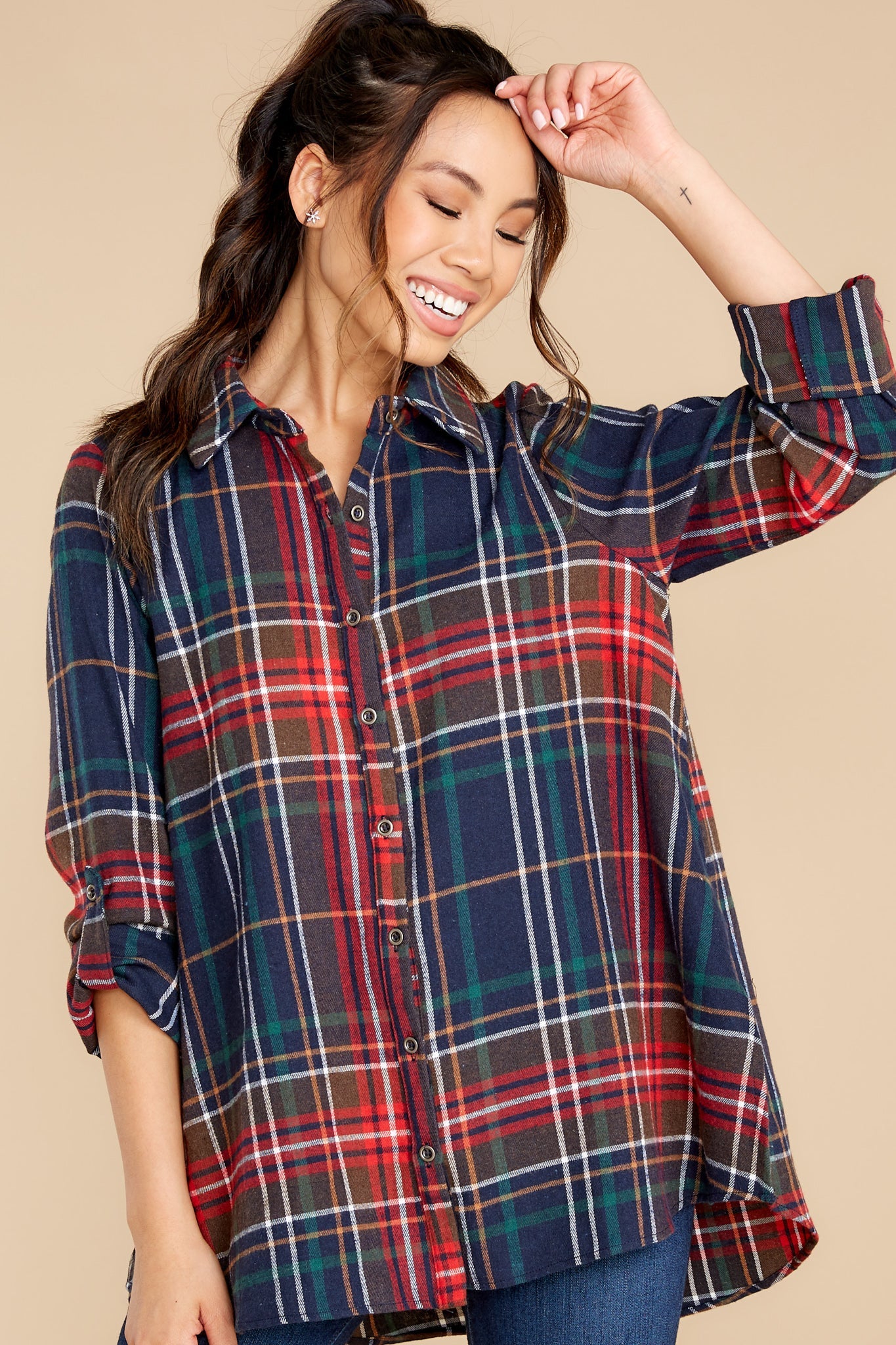 Just Like Home Navy Multi Plaid Top