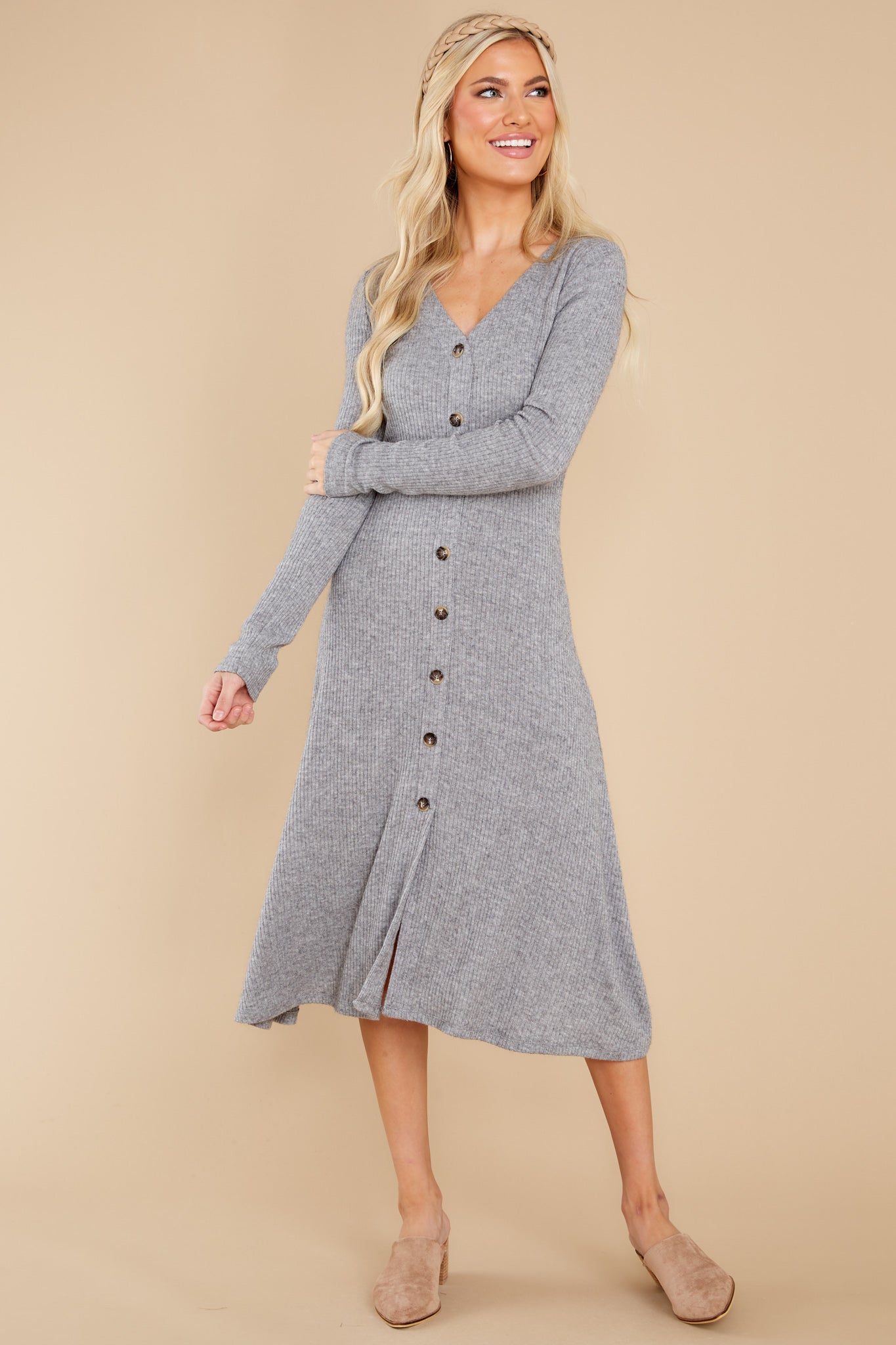 Keep It Uptown Heather Grey Knit Midi Dress