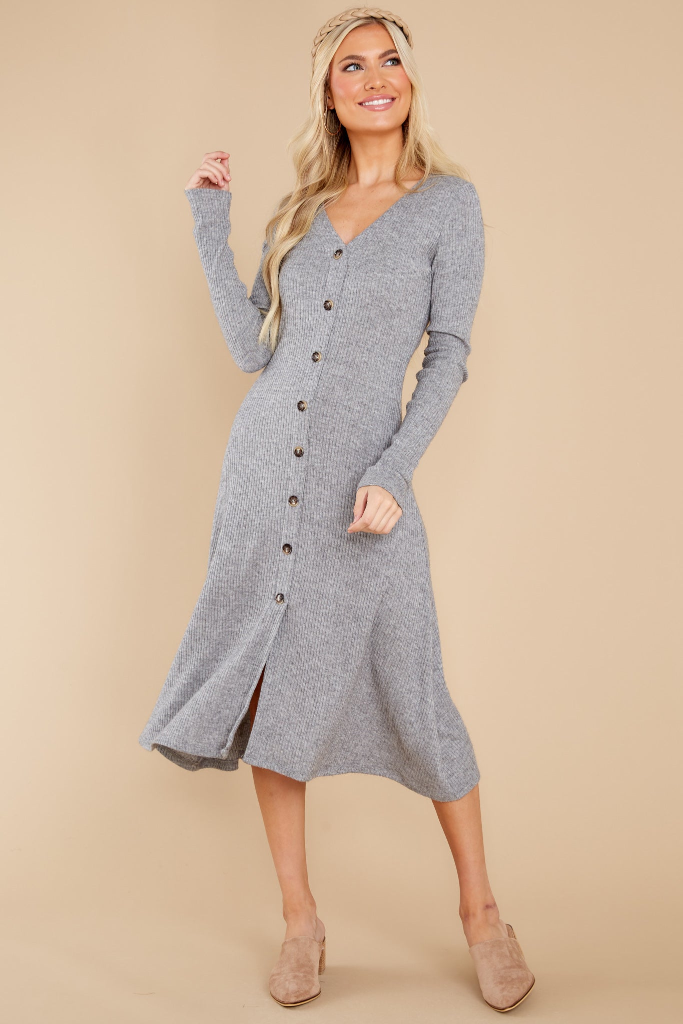 Keep It Uptown Heather Grey Knit Midi Dress