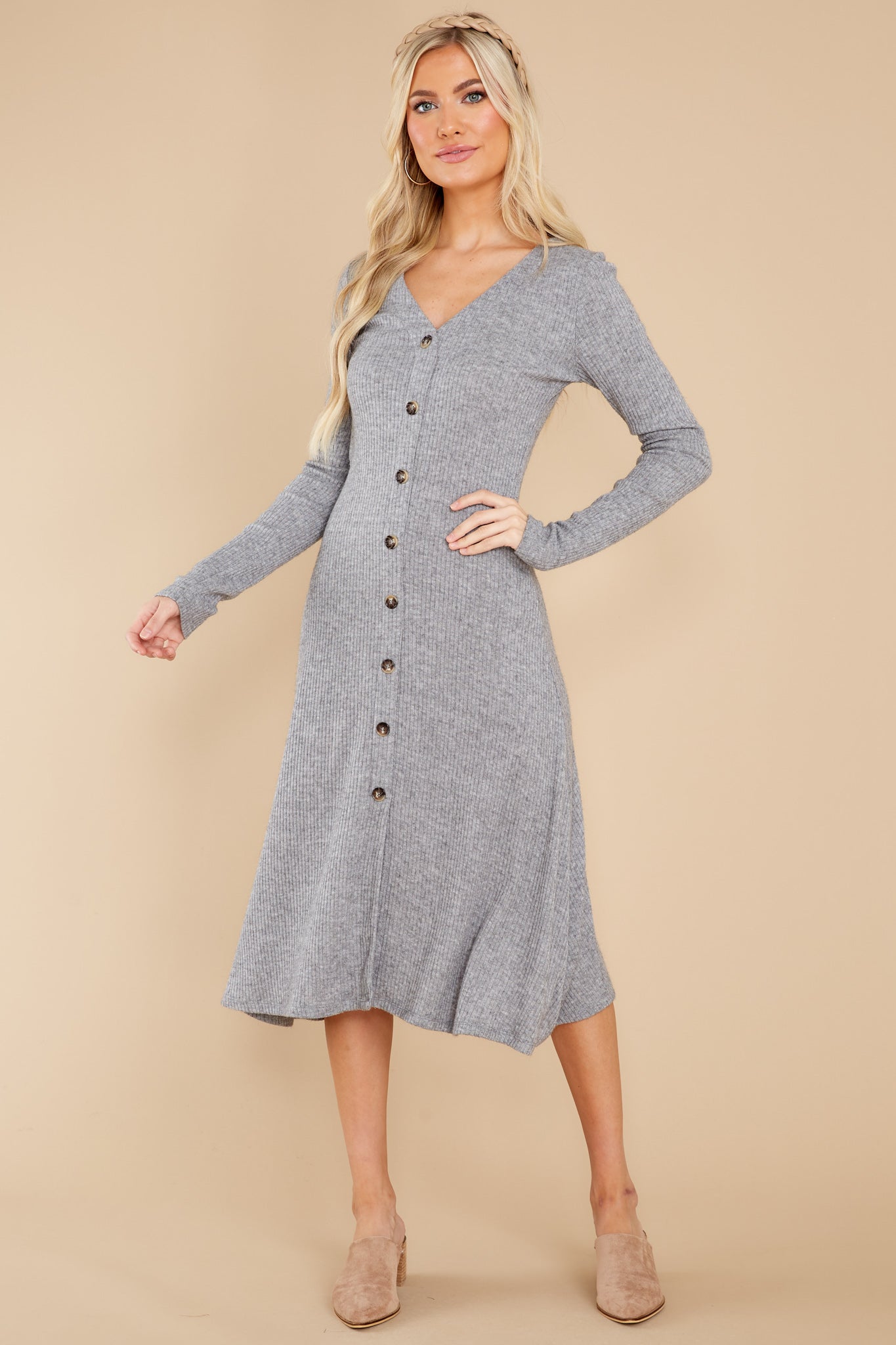 Keep It Uptown Heather Grey Knit Midi Dress