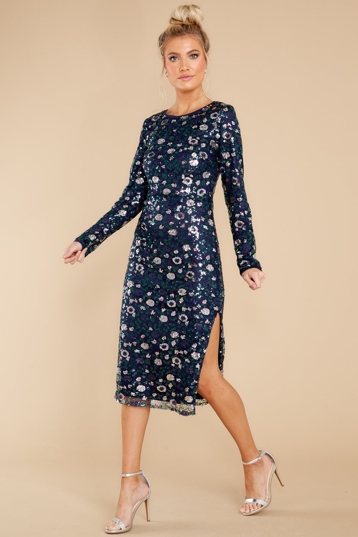 Complete This Moment Navy And Silver Sequin Midi Dress