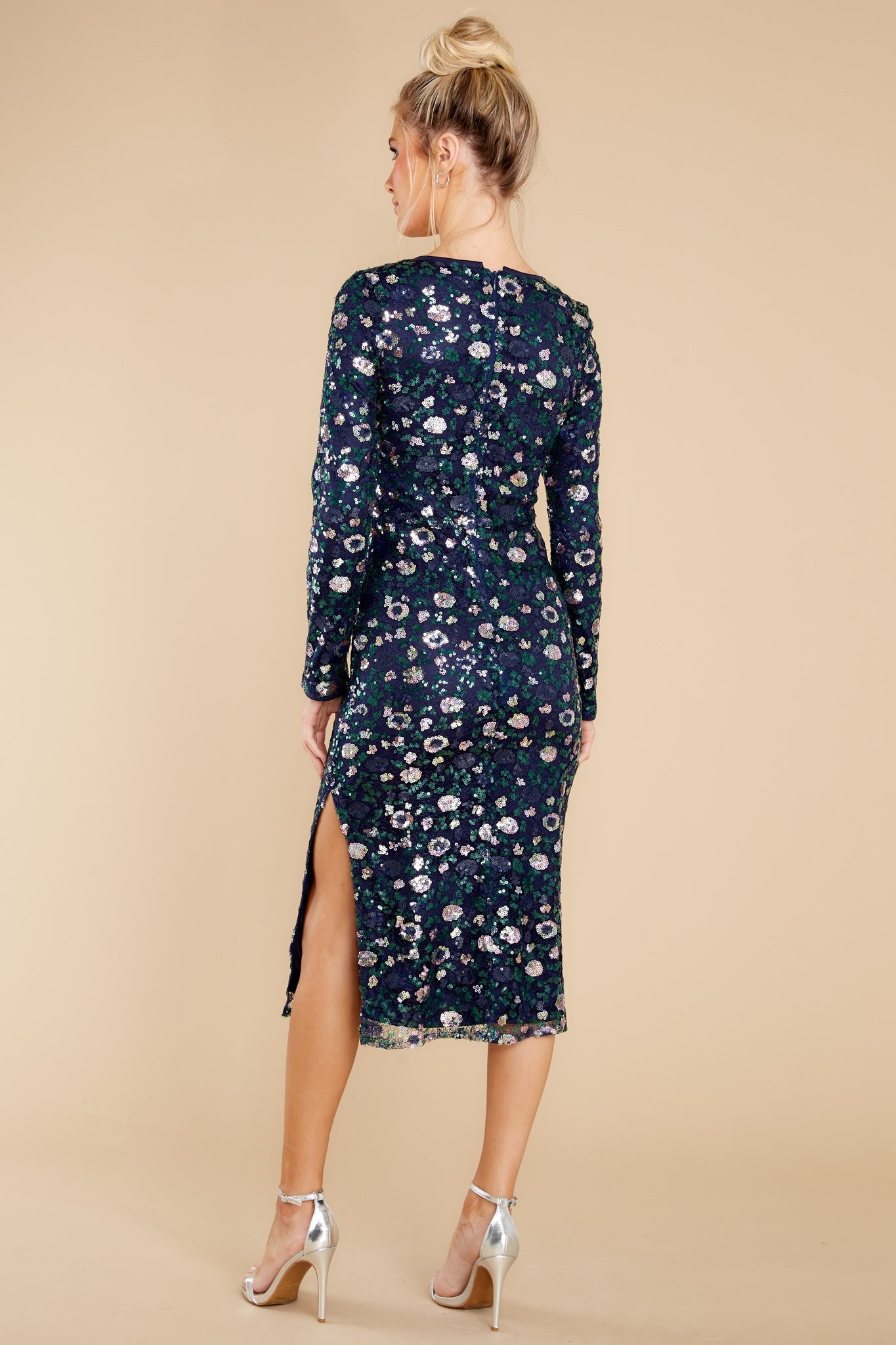 Complete This Moment Navy And Silver Sequin Midi Dress