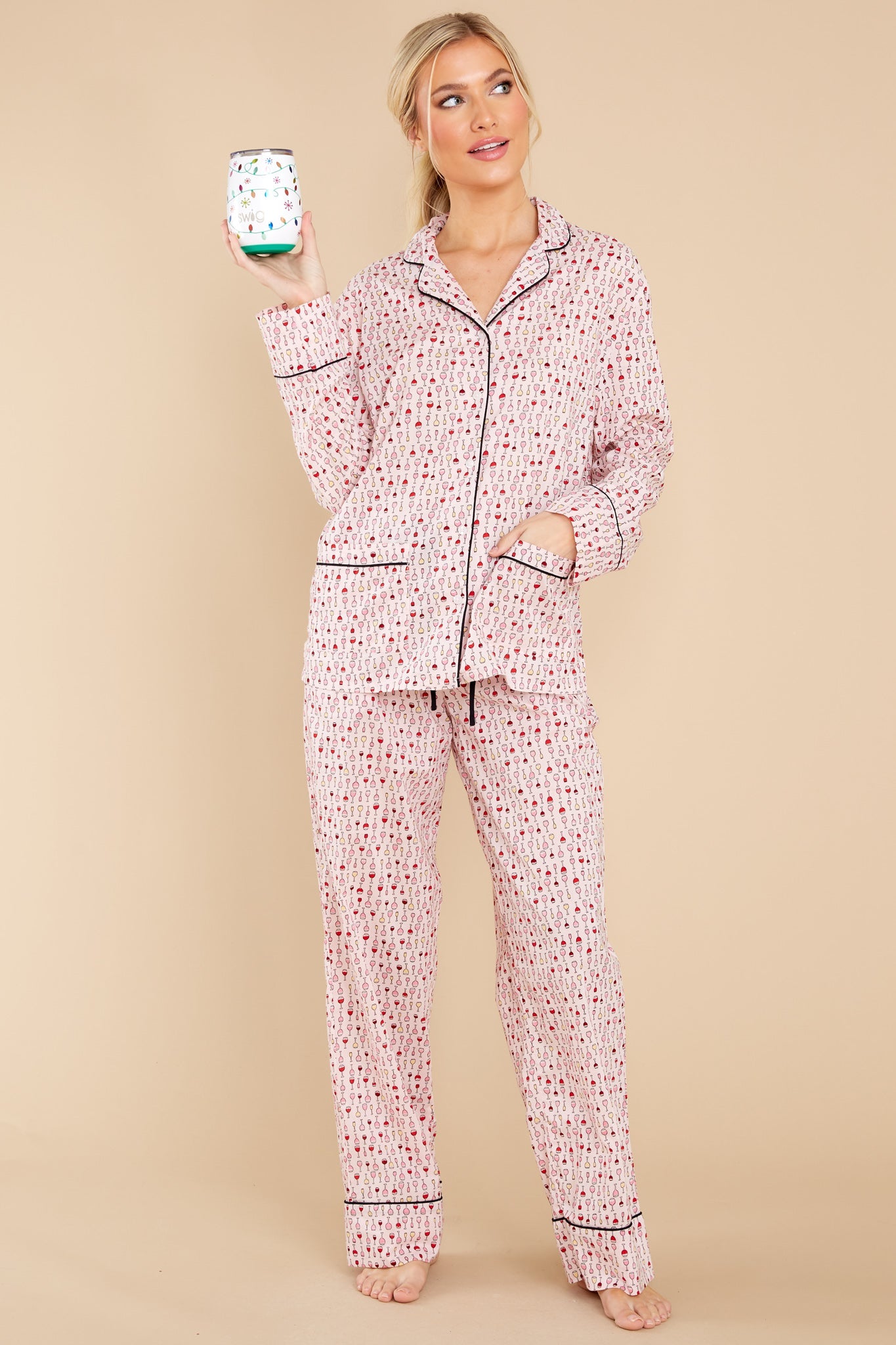 One Glass A Night Pink Wine Print Pajama Set