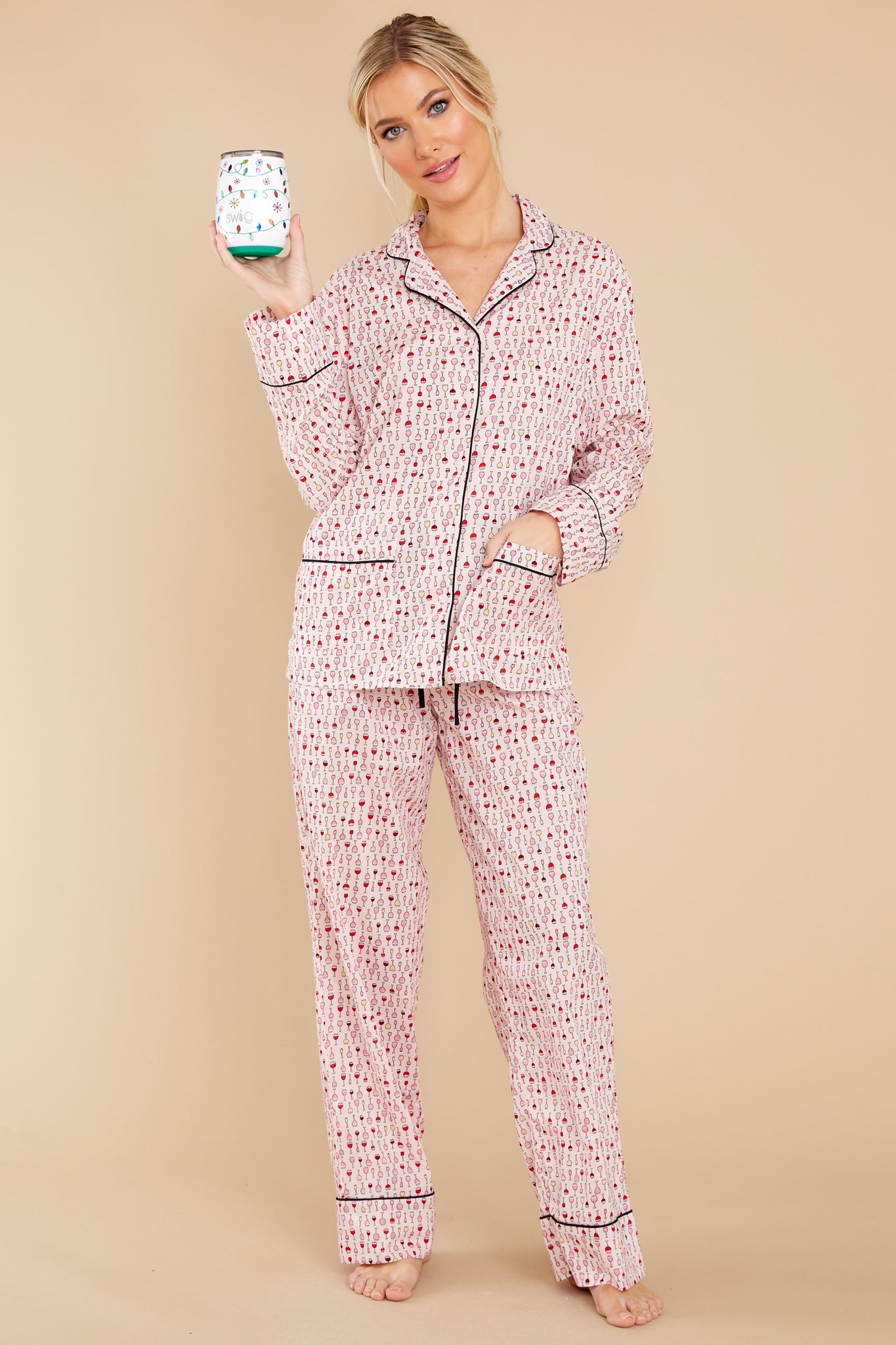 One Glass A Night Pink Wine Print Pajama Set