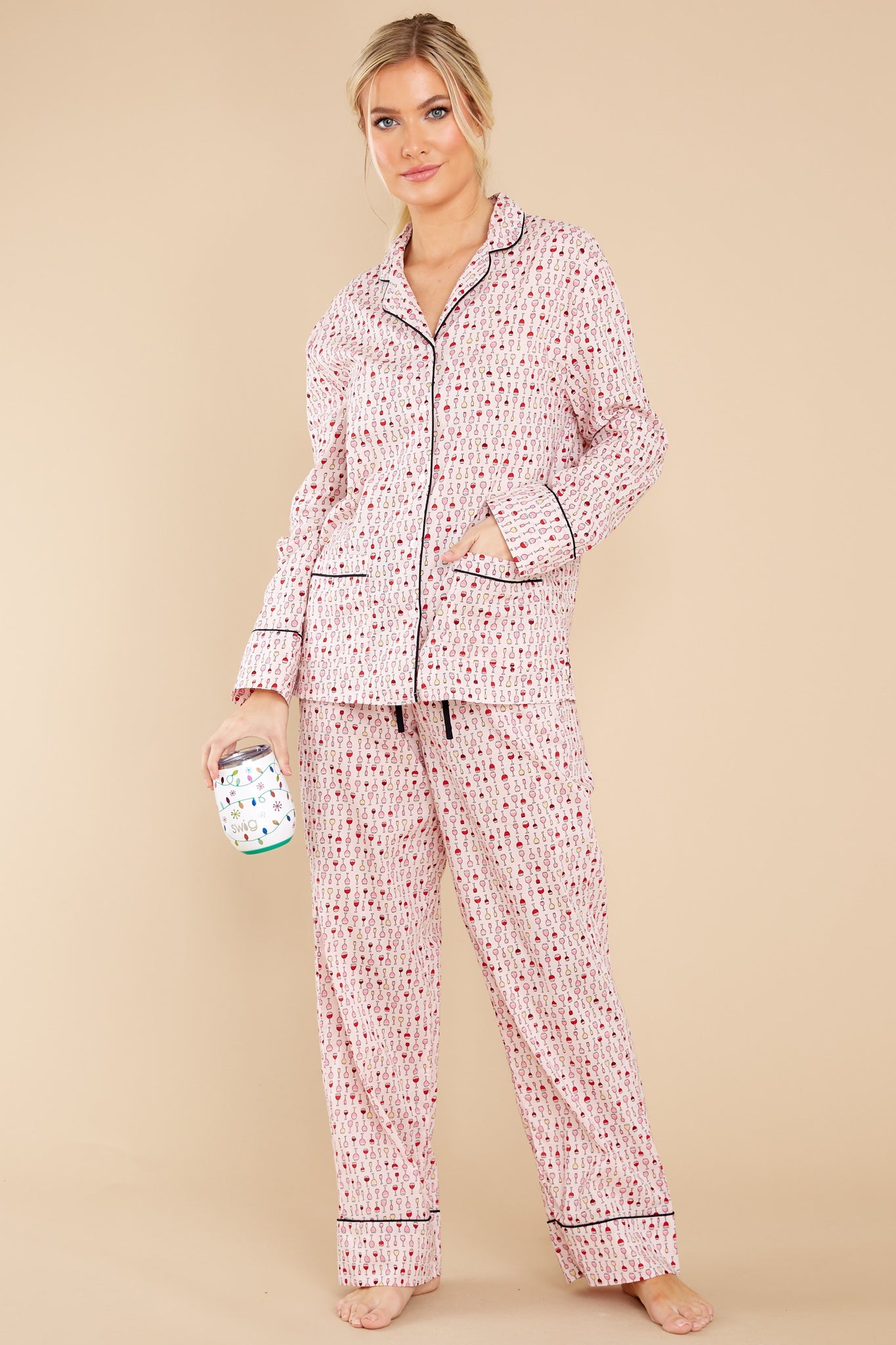 One Glass A Night Pink Wine Print Pajama Set