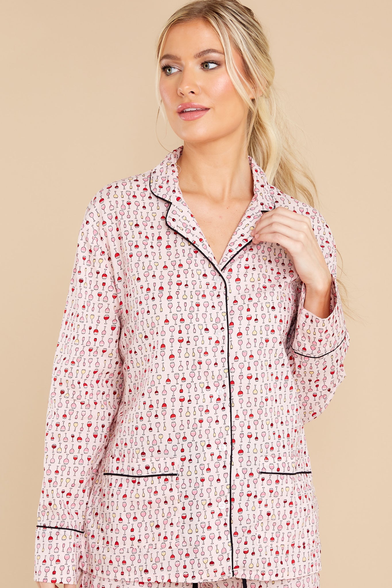 One Glass A Night Pink Wine Print Pajama Set