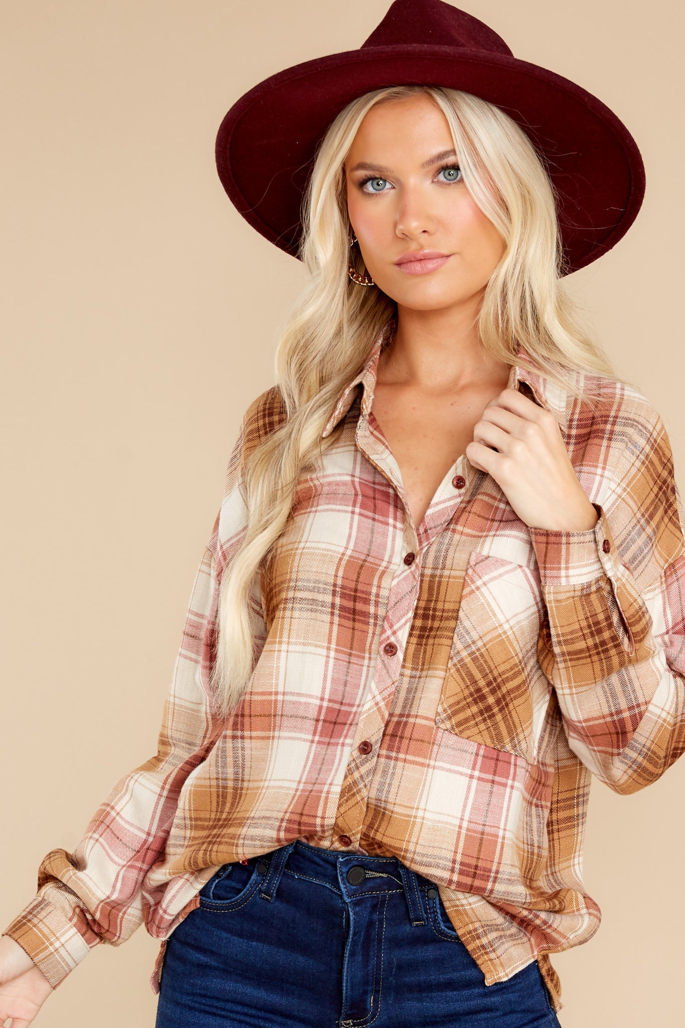 Into Autumn Tan Multi Plaid Top