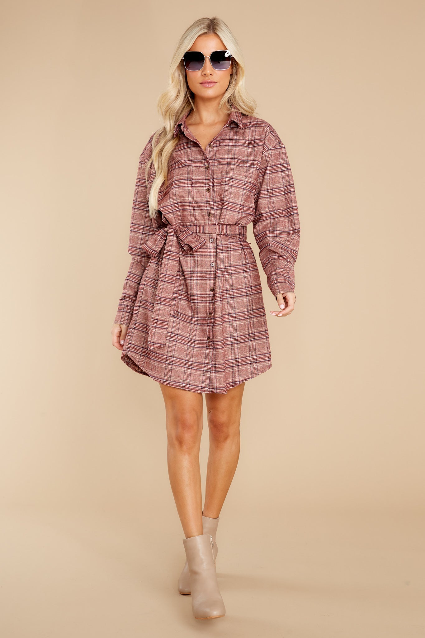 So Darling Dusty Rose Plaid Dress