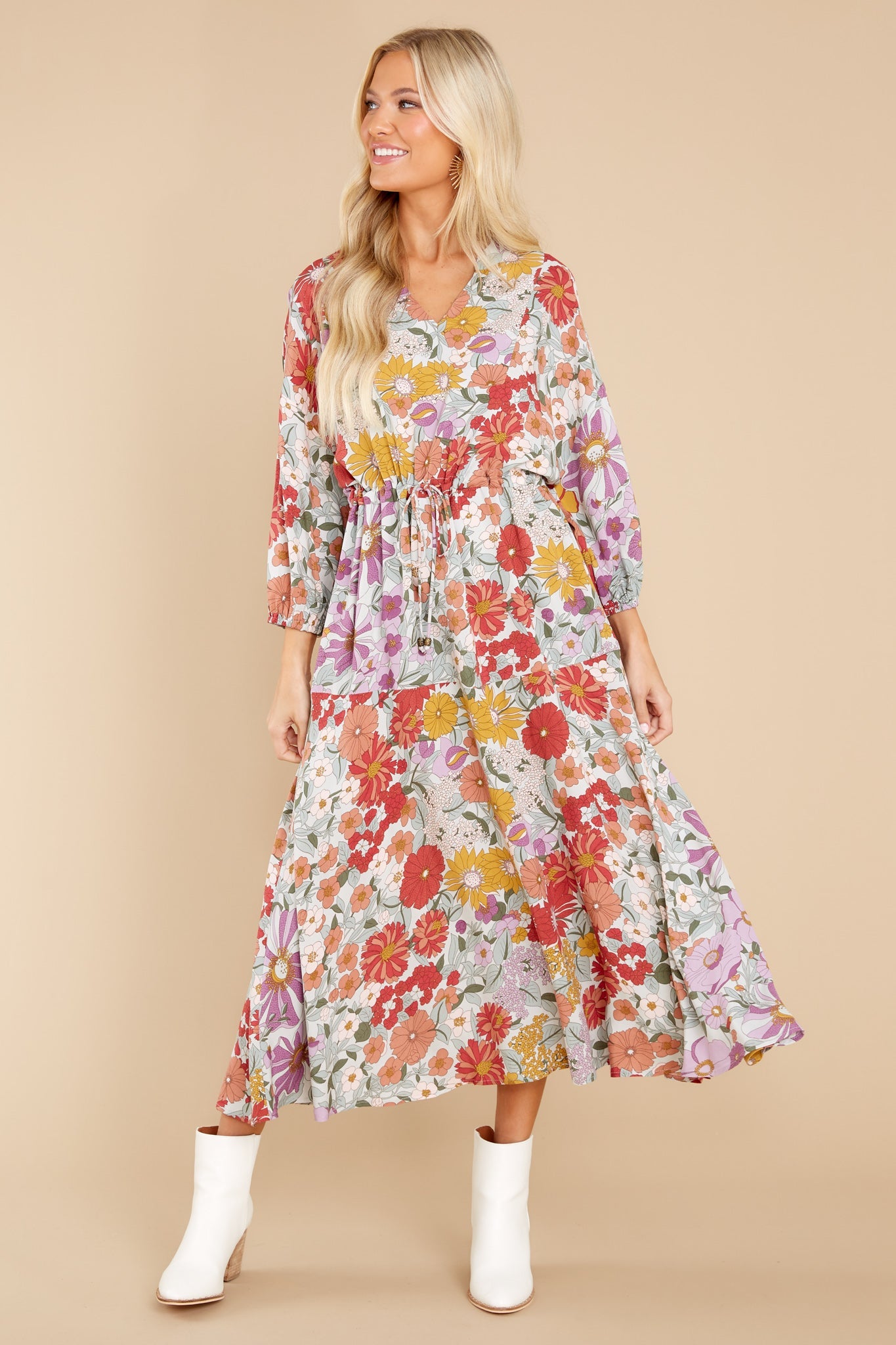 From Gloom To Bloom Red Multi Floral Print Midi Dress