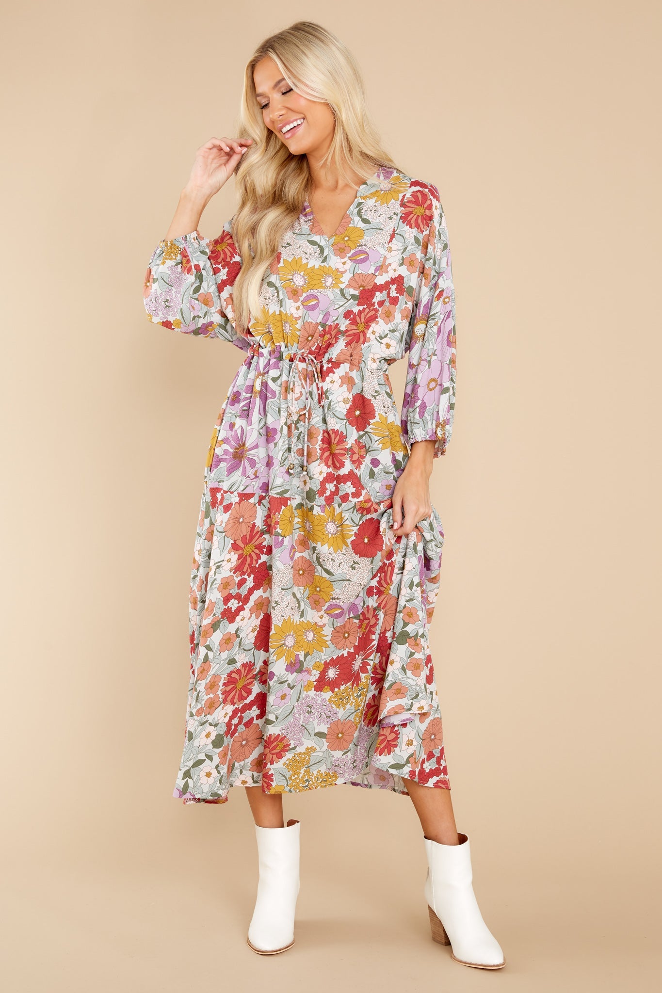 From Gloom To Bloom Red Multi Floral Print Midi Dress