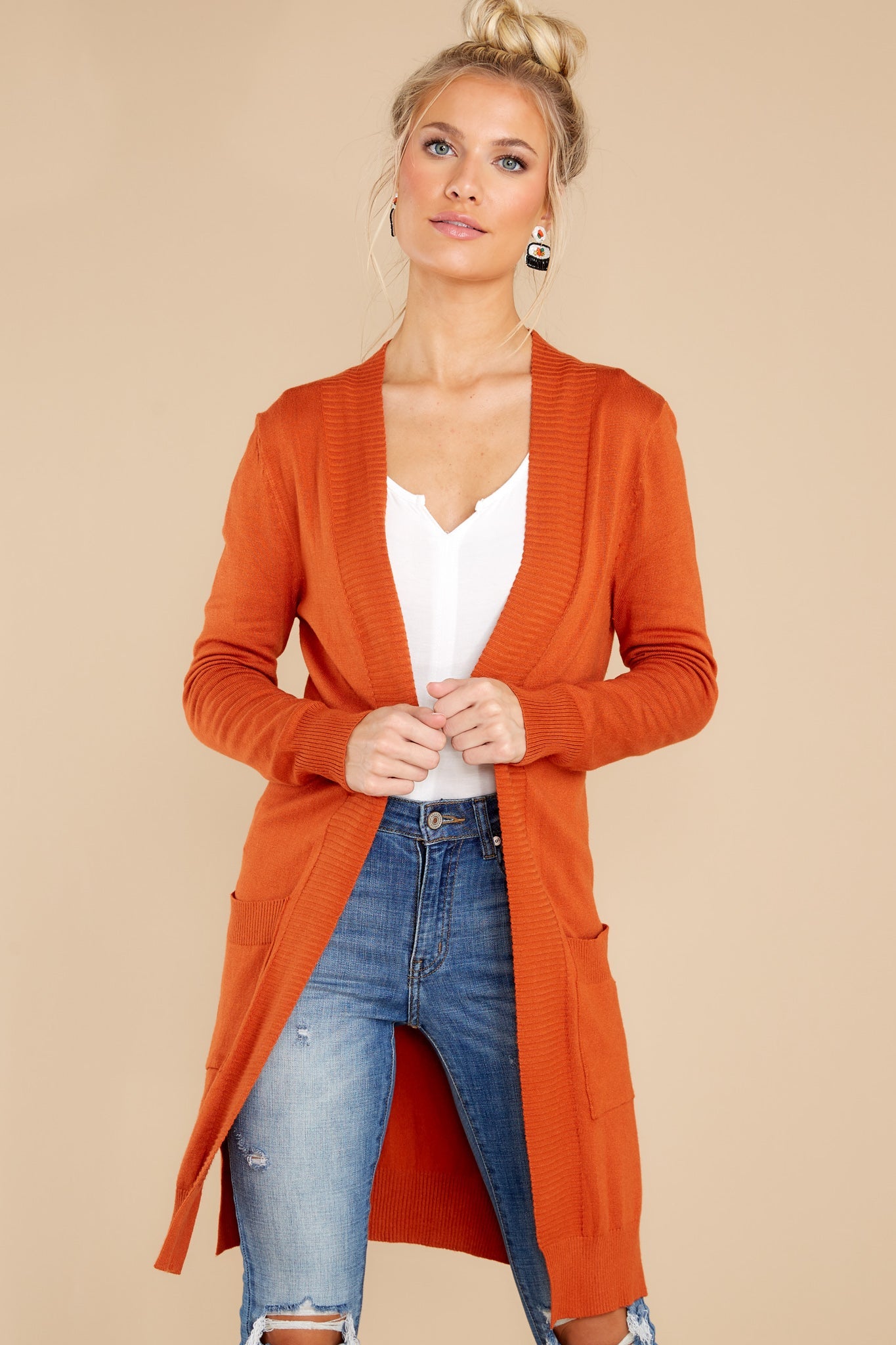 Anticipating This Moment Rust Orange Cardigan