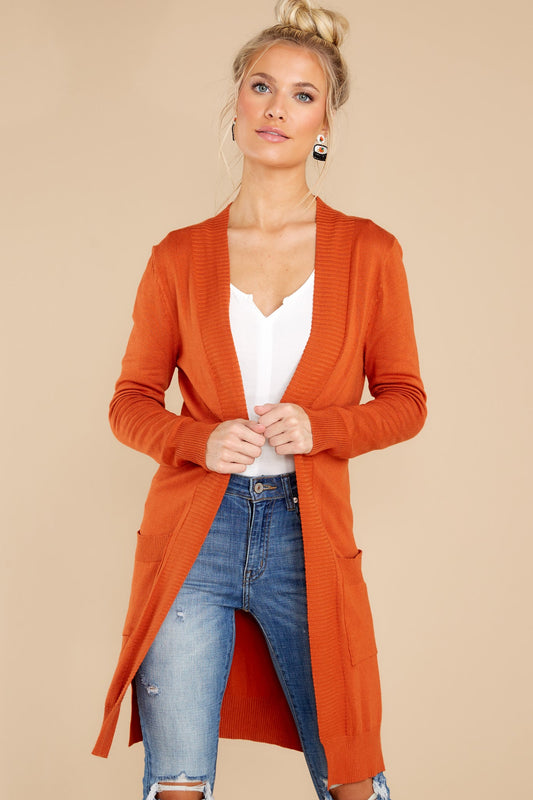 Anticipating This Moment Rust Orange Cardigan