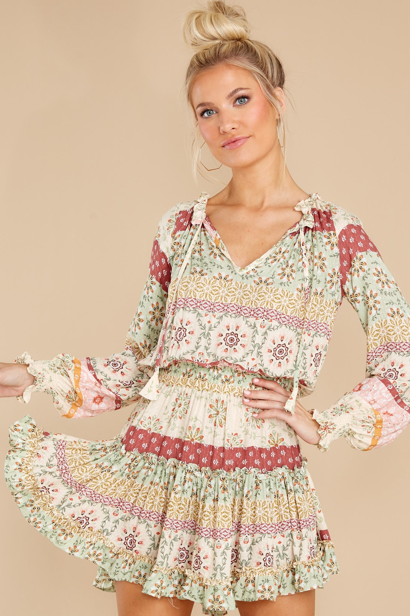 Whimsical Feeling Sage Multi Print Dress