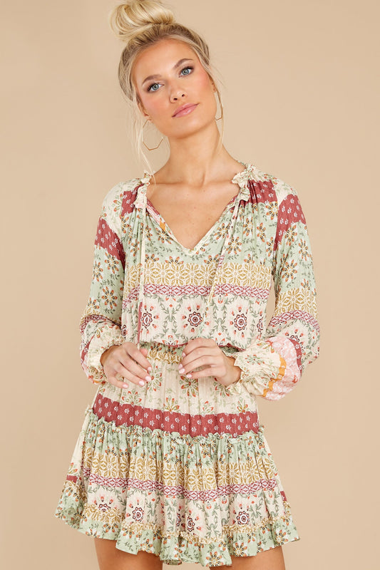 Whimsical Feeling Sage Multi Print Dress