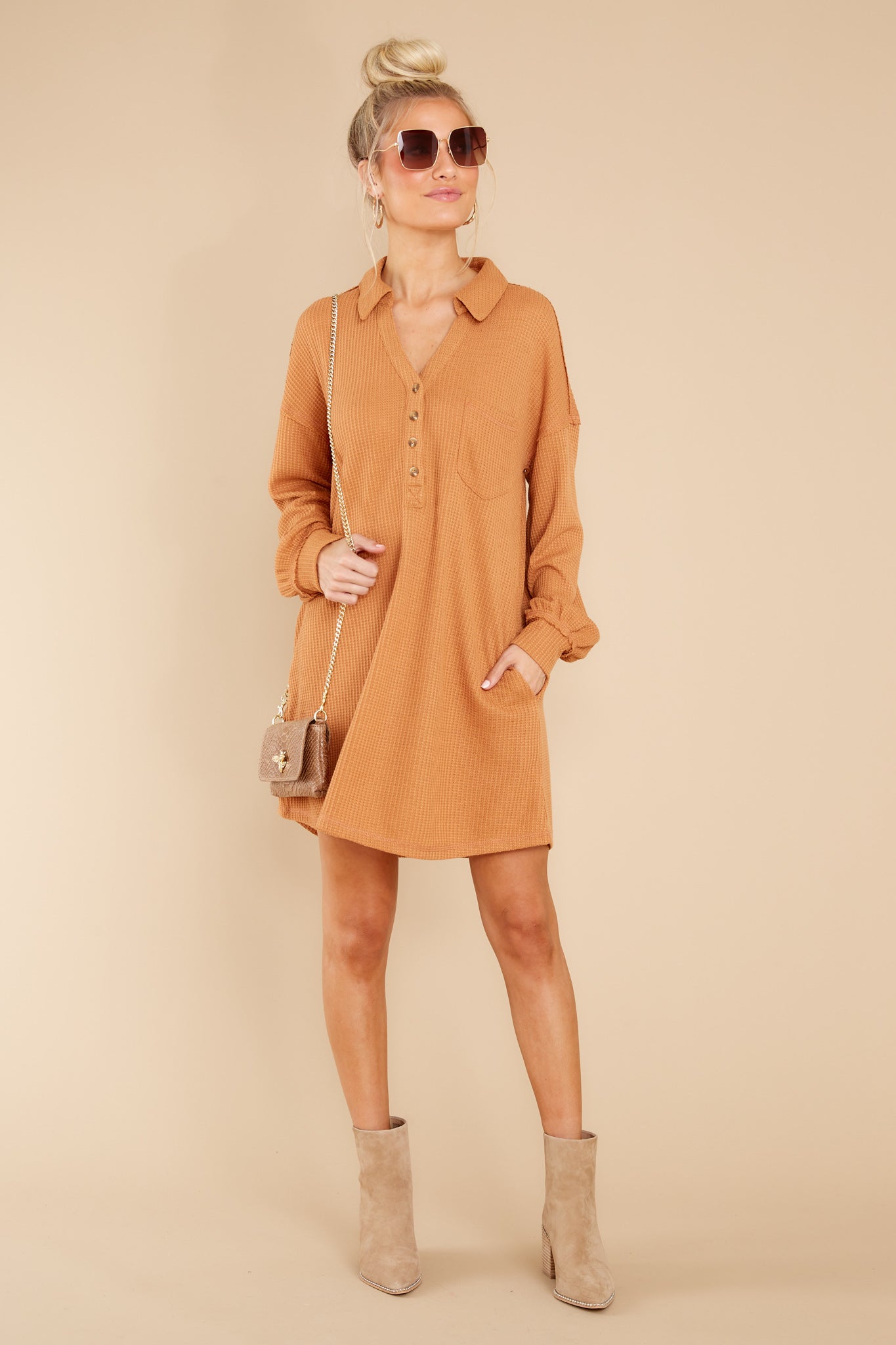 Know Your Worth Camel Waffle Knit Dress