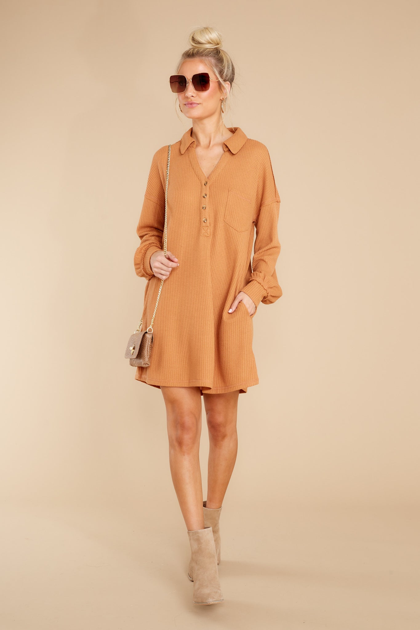 Know Your Worth Camel Waffle Knit Dress