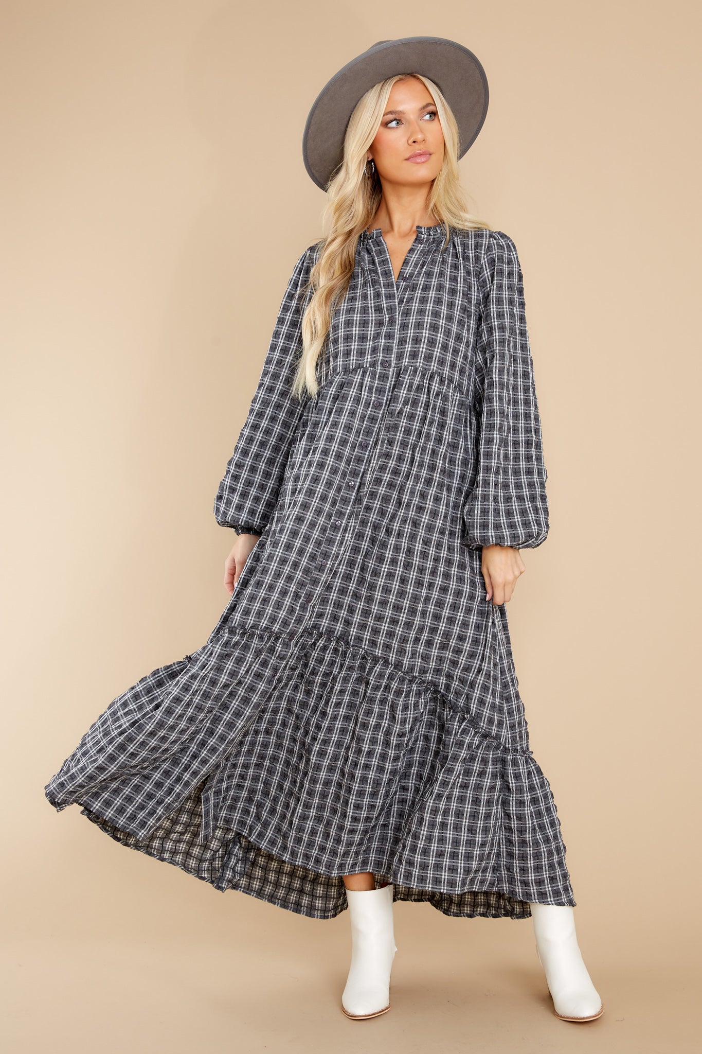 Picnic In The Park Grey Plaid Maxi Dress