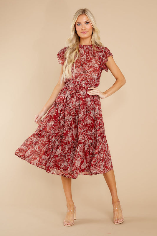 Fancy Charm Cranberry Multi Print Midi Dress