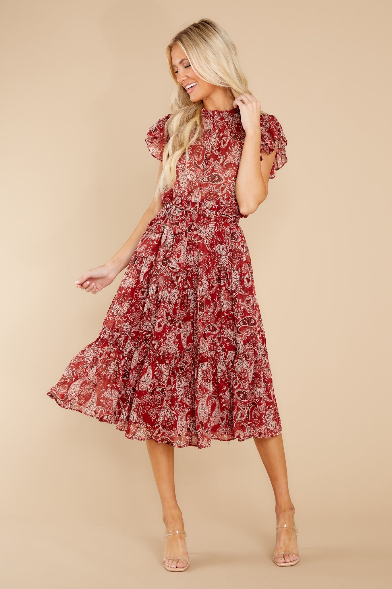 Fancy Charm Cranberry Multi Print Midi Dress