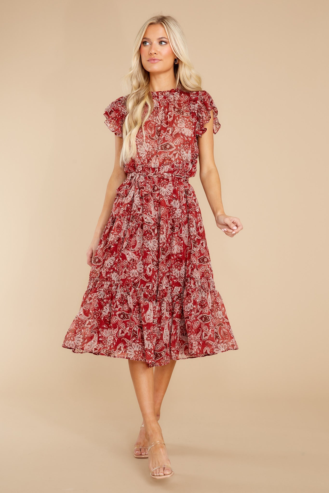 Fancy Charm Cranberry Multi Print Midi Dress