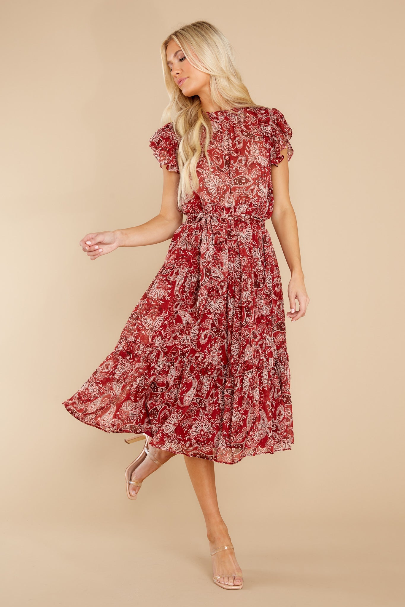 Fancy Charm Cranberry Multi Print Midi Dress