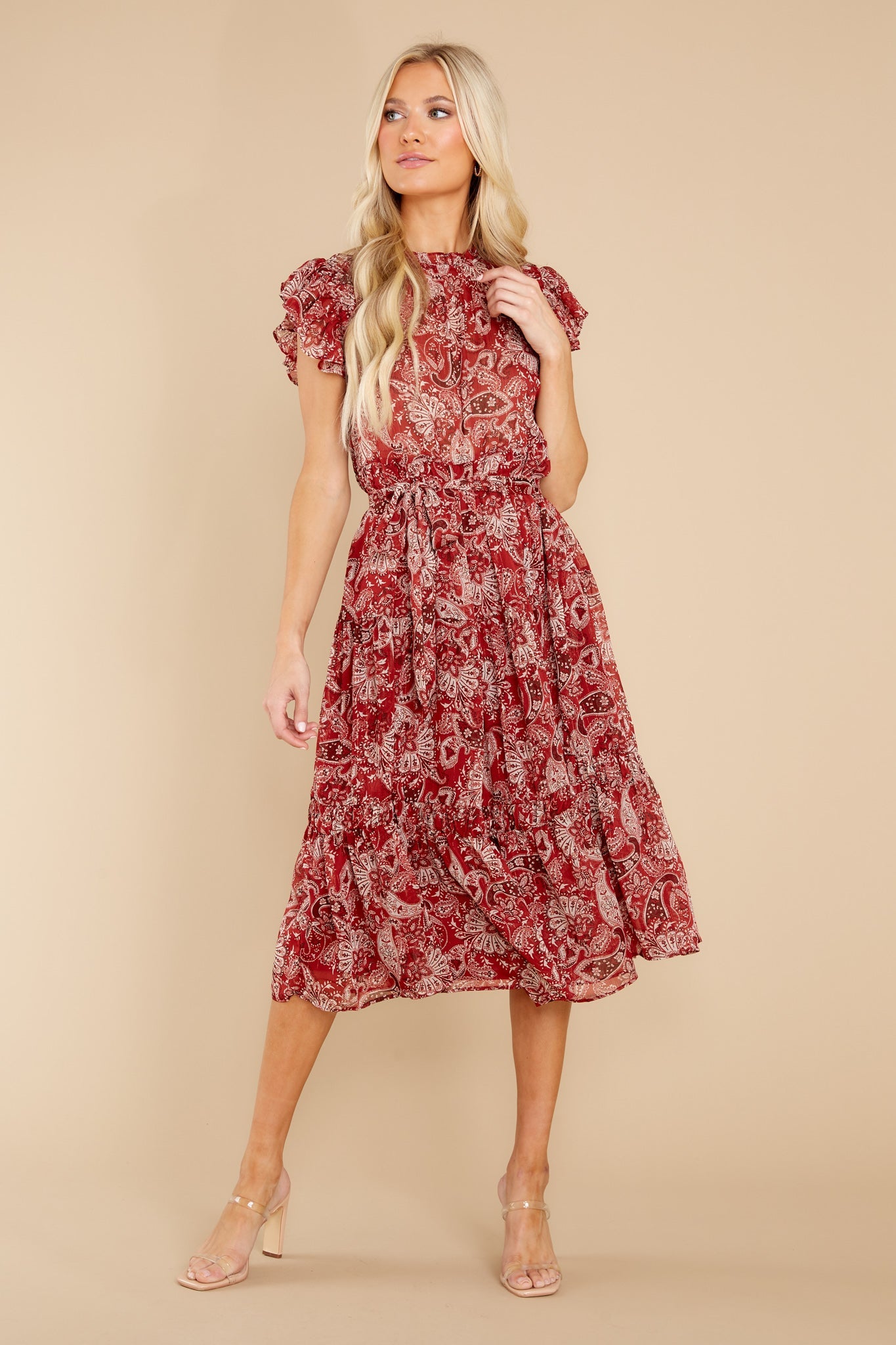 Fancy Charm Cranberry Multi Print Midi Dress