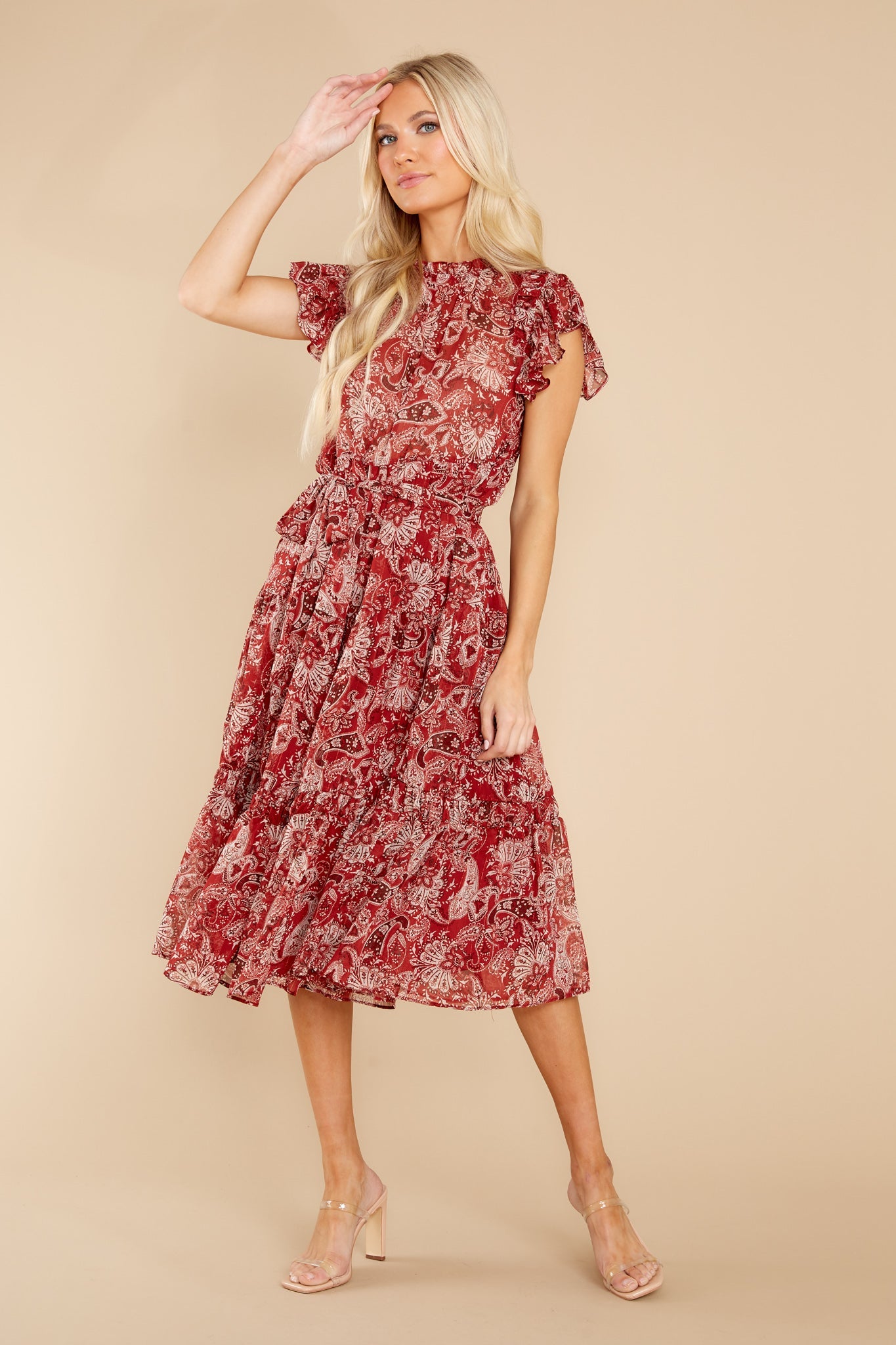 Fancy Charm Cranberry Multi Print Midi Dress
