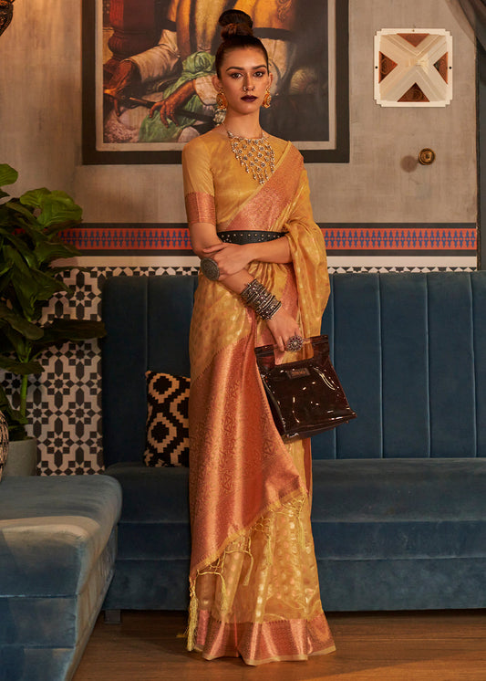 Honey Mustard Zari Woven Tissue Silk Saree