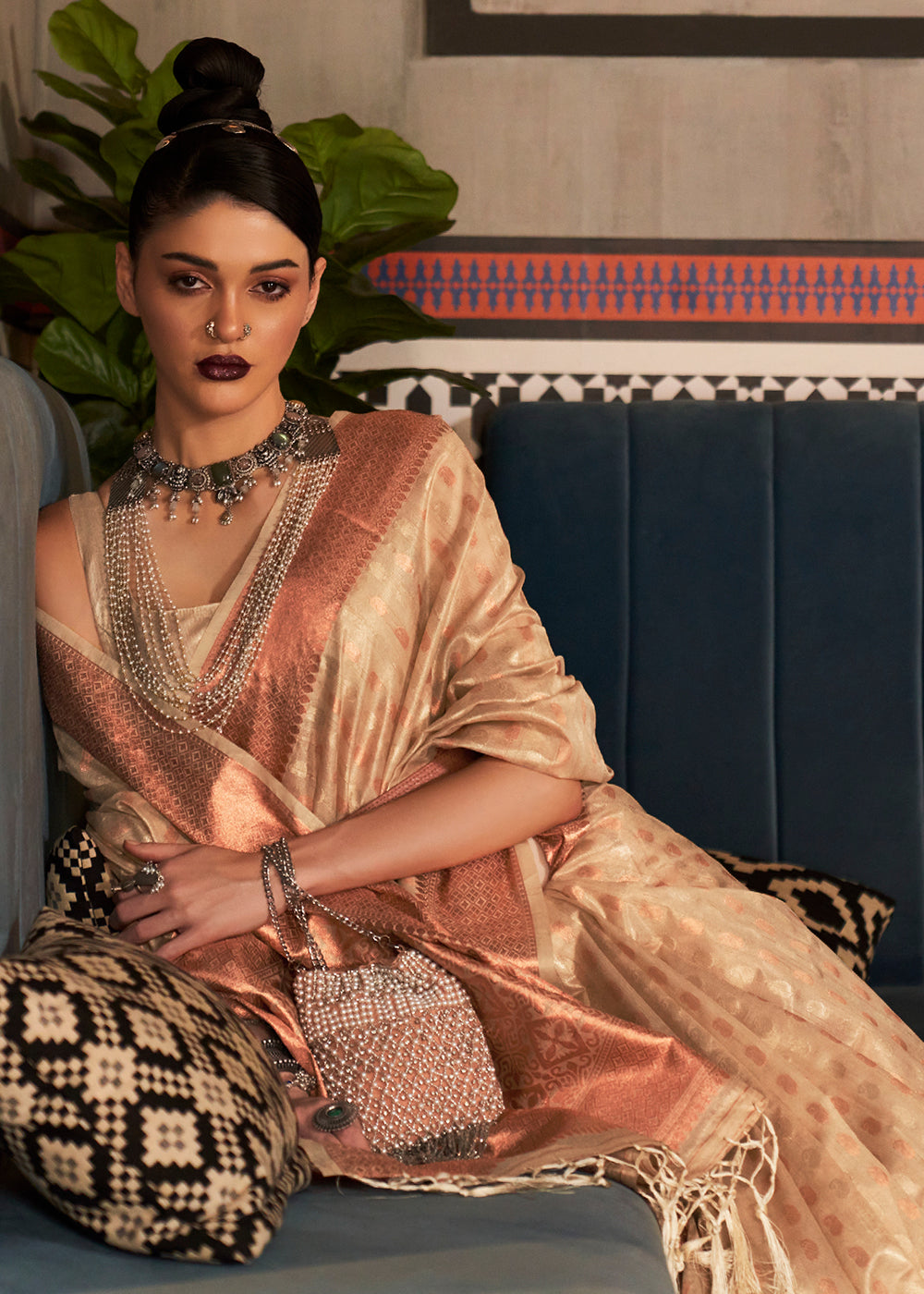 Beige Brown Zari Woven Tissue Silk Saree