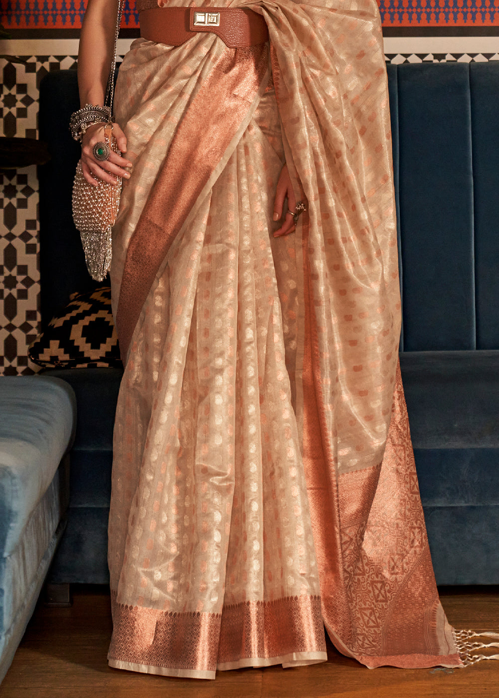 Beige Brown Zari Woven Tissue Silk Saree