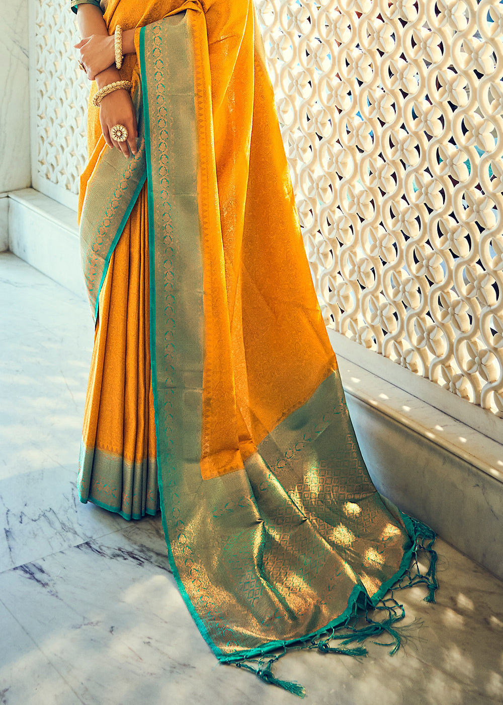 Yellow & Green Zari Woven Designer Silk Saree