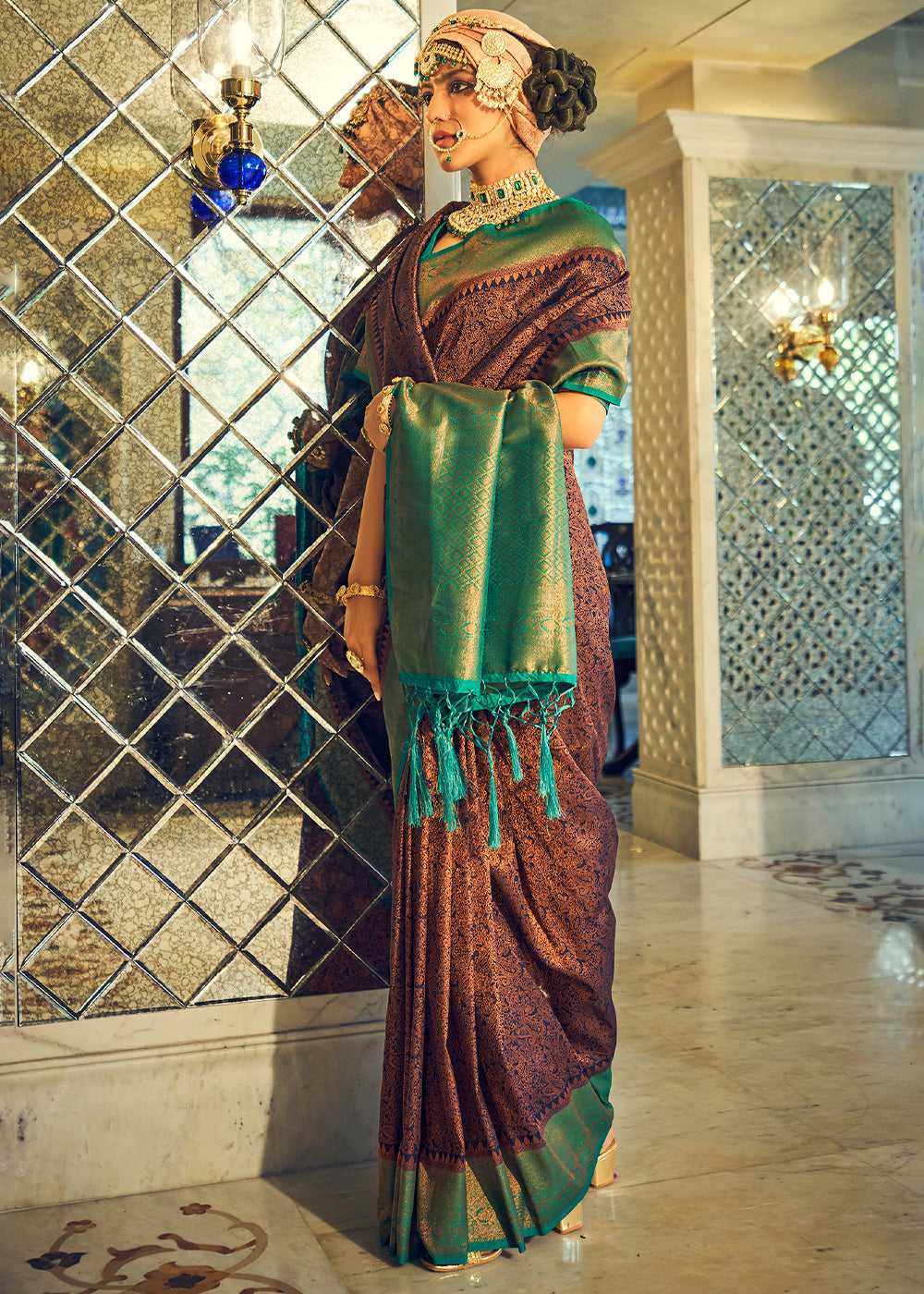 Brown & Green Zari Woven Designer Silk Saree