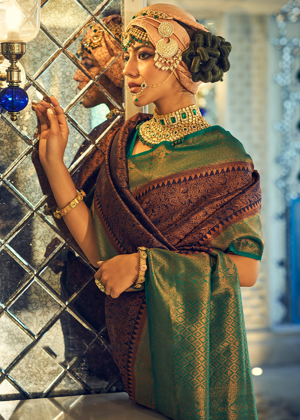 Brown & Green Zari Woven Designer Silk Saree