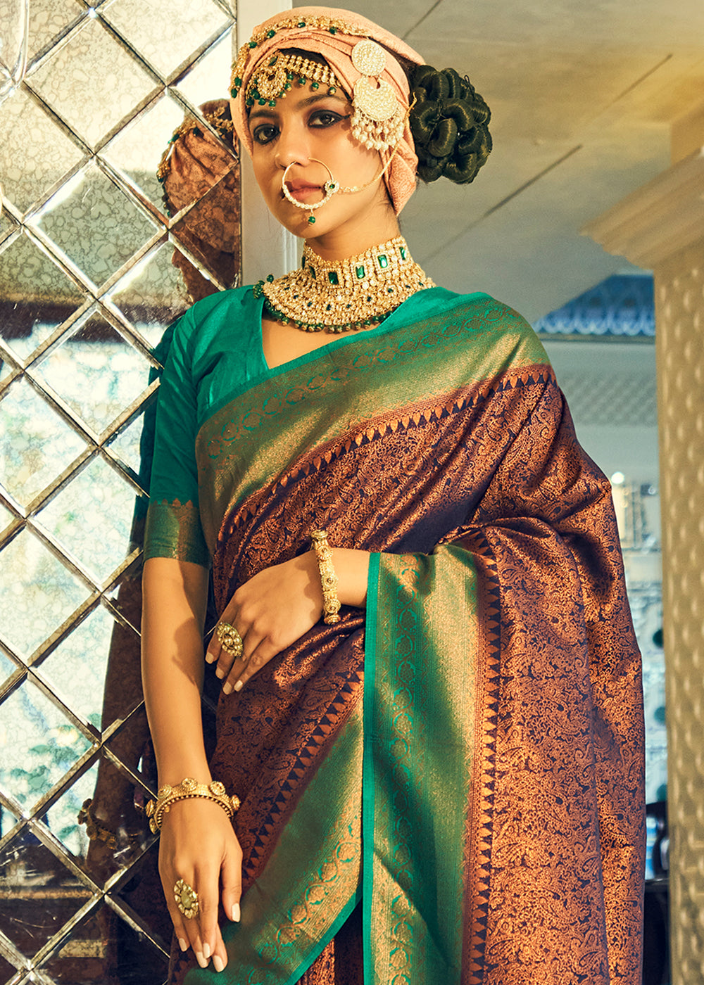 Brown & Green Zari Woven Designer Silk Saree