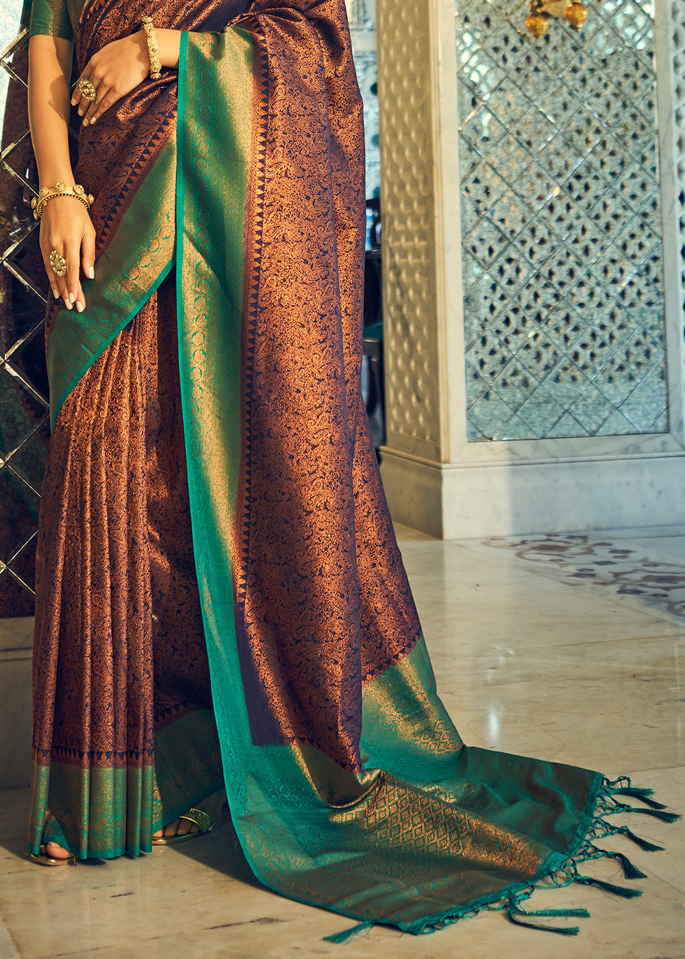 Brown & Green Zari Woven Designer Silk Saree