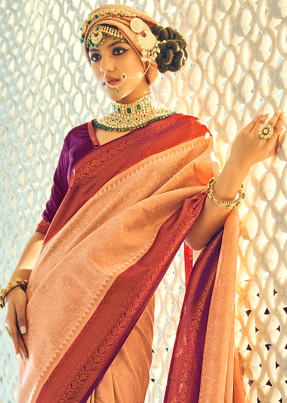 Peach Pink Zari Woven Designer Silk Saree