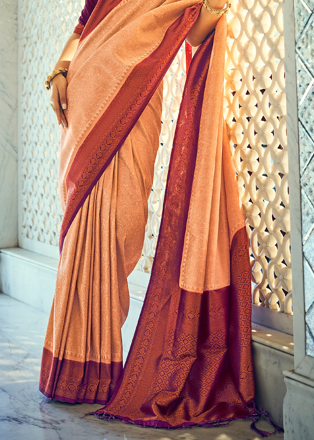 Peach Pink Zari Woven Designer Silk Saree