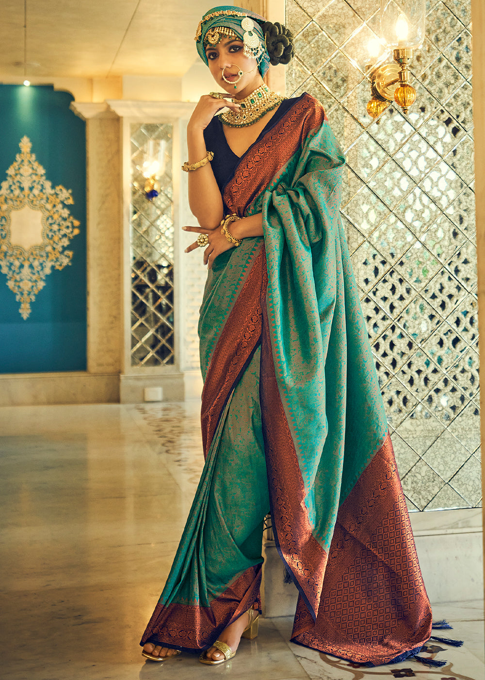 Pine Green Zari Woven Designer Silk Saree