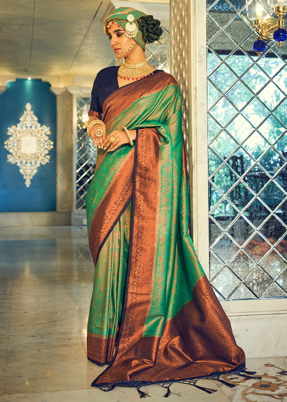 Emerald Green Zari Woven Designer Silk Saree