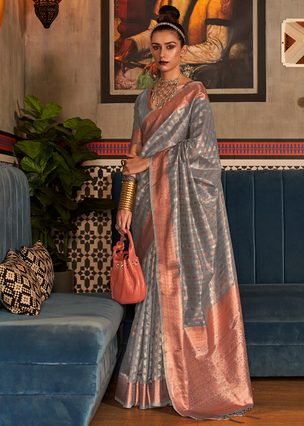 Steel Grey Zari Woven Tissue Silk Saree