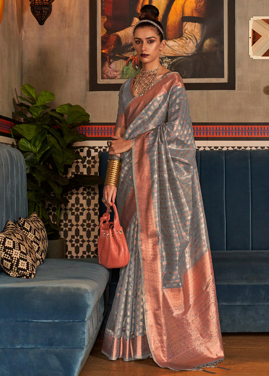 Steel Grey Zari Woven Tissue Silk Saree