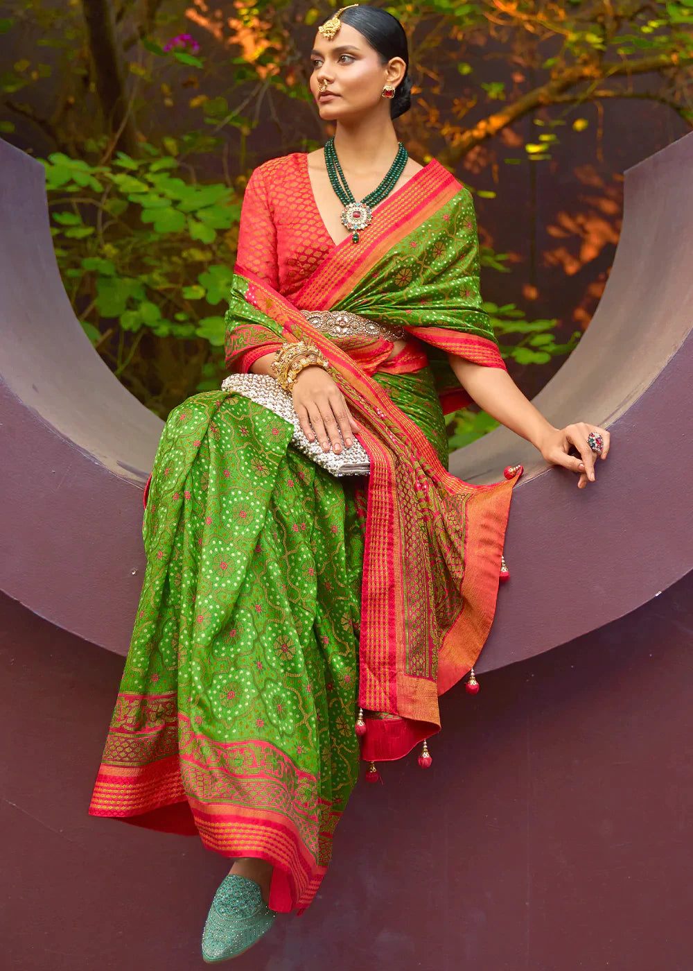 Mantis Green Designer Printed Brasso Silk Saree