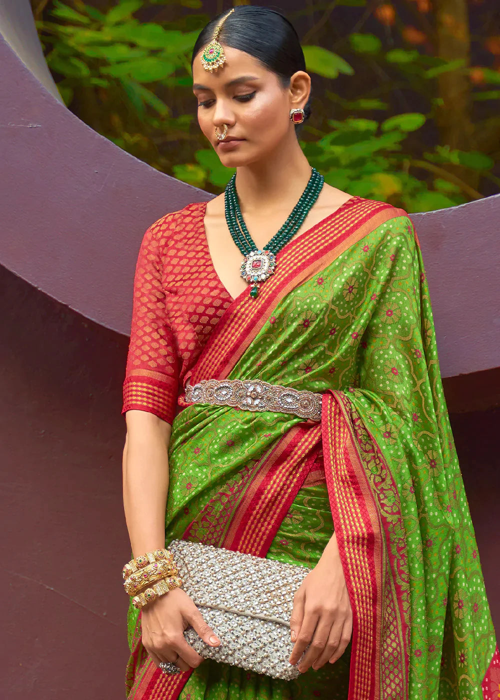 Mantis Green Designer Printed Brasso Silk Saree