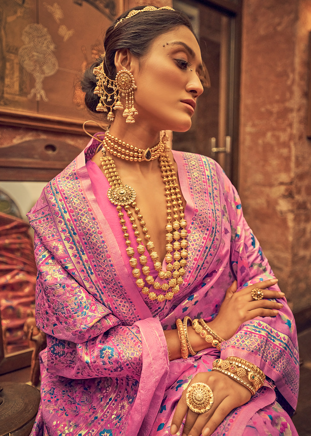 Creamy Pink Kashmiri Weaving Silk Saree