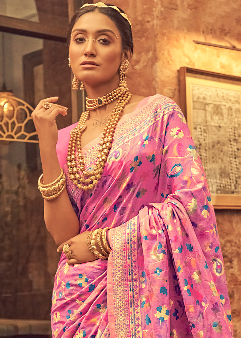 Creamy Pink Kashmiri Weaving Silk Saree