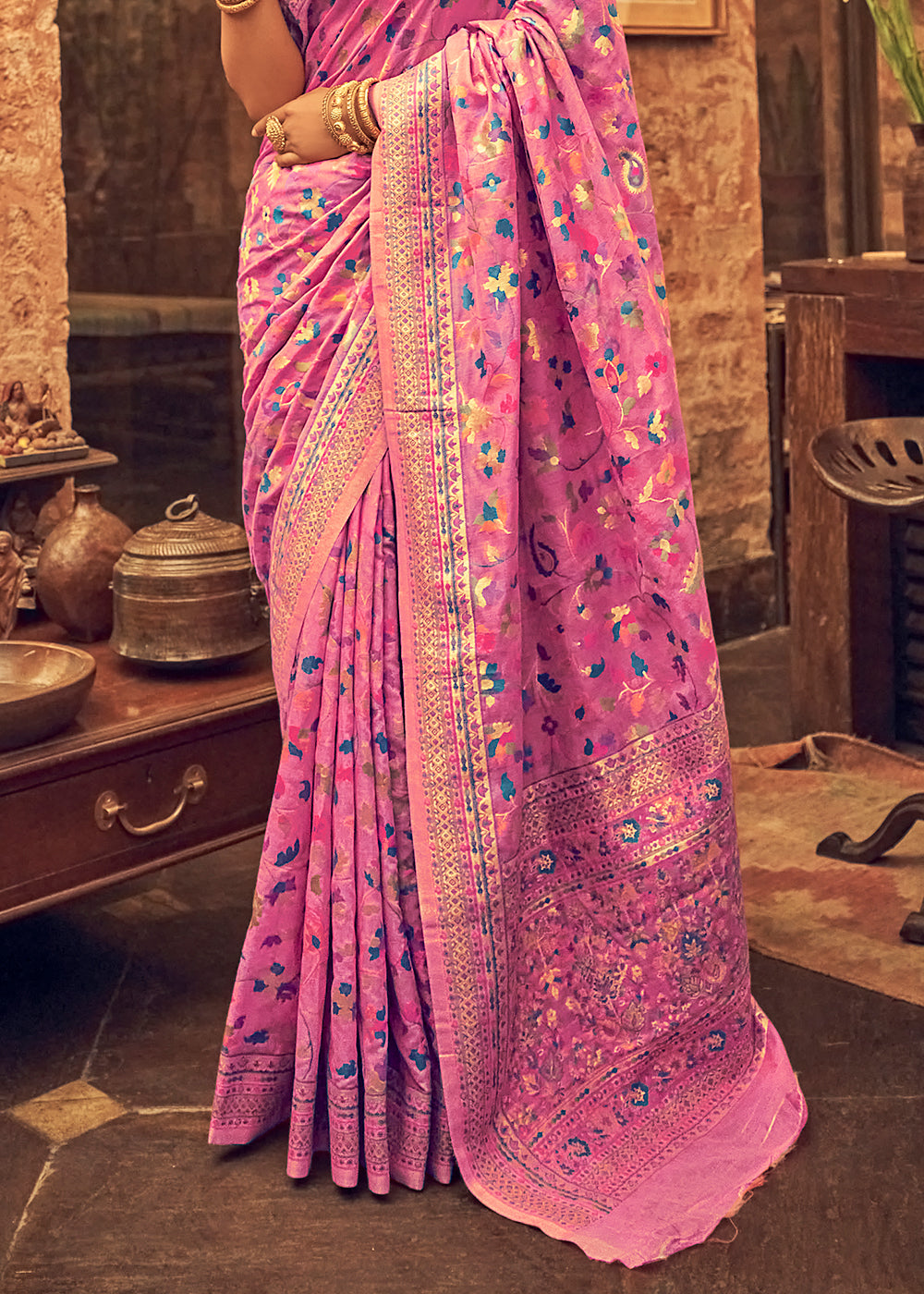 Creamy Pink Kashmiri Weaving Silk Saree